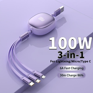 Cáp sạc siêu nhanh 3 trong 1 có thể thu vào 100W Cáp dữ liệu Micro USB Type C Dây sạc nhanh