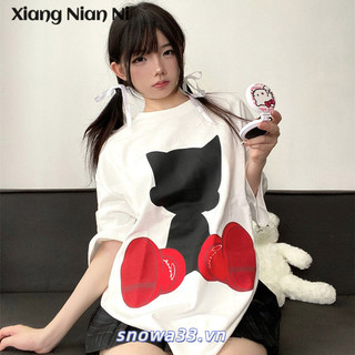 Xiang NIAN NI Mỹ cổ điển thời trang đường phố thương hiệu cotton giản dị áo thun ngắn tay dành cho nữ mùa hè in cỡ lớn hàng đầu