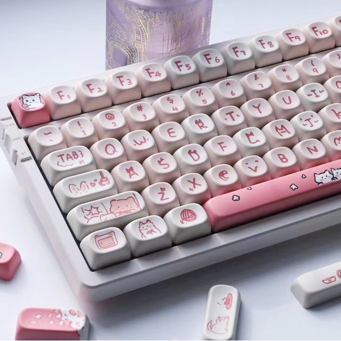 Pbt MOA Keycap bộ tròn retro MOA Hồng dễ thương Meow Meow Keycap chó mua sắm Pink Pig Hoạt hình dễ t