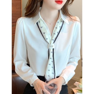Áo sơ mi voan trắng nữ tính khí công sở dài tay áo sơ mi ruy băng cổ chữ v áo