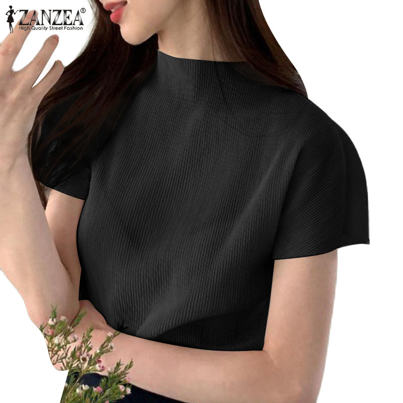Zanzea Áo sơ mi nữ ngắn tay cổ cao kiểu Hàn Quốc