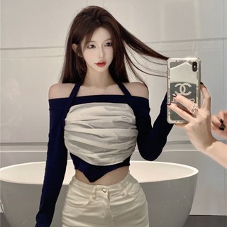 Lin Linzi の Mùa Thu Phong Cách Mới Dây Khâu Áo Thun Dài Tay Một Vai Nữ Độc Đáo Hot Girl Nguyên Chất Desire Phong Cách Ngắn Top ins