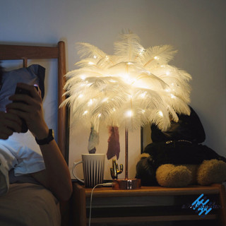 Đèn bàn lông vũ AISD, Đèn ngủ LED Đèn ngủ, Đèn bàn điều khiển từ xa chạy bằng USB cho phòng ngủ Phòng khách