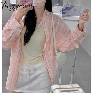 Tingyaxiu Áo sơ mi sọc nữ cổ polo mỏng dáng rộng áo sơ mi dài tay dáng rộng đa năng chống nắng áo sơ mi
