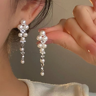 Bông tai tua rua dài cao cấp ngọc trai S925 bạc sang trọng
