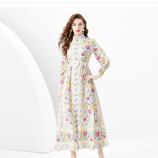 Thời Trang Nữ Vintage Thanh Lịch Đi Biển Kỳ Nghỉ Tiệc Midi Đầm Xuân Thu Đơn Ngực Cao Cấp Ôm Đứng Đèn Lồng Tay Áo In Áo