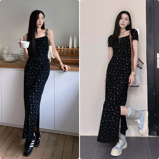 Yoyo ~ Phiên bản hàn quốc Đầm dài hoa Váy dài thanh lịch dành cho nữ Drape xẻ tà hông Váy dài đến mắt cá chân