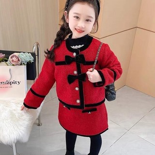 Set áo và váy dạ đỏ diện tết đính 2 nơ đen bé gái
