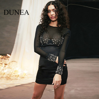 DUNEA Nữ Lưới Chắp Vá Đá Lấp Lánh Đầm Dự Tiệc Gợi Cảm