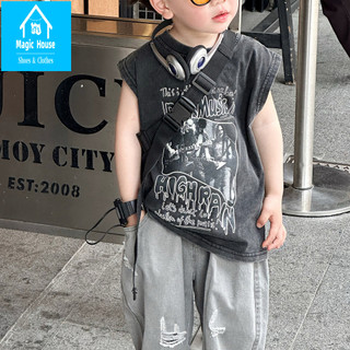 [Sản phẩm mới] Áo thun Cotton nguyên chất phong cách mới dành cho trẻ em Áo thun không tay màu đen đau khổ Áo thun dáng rộng bé trai đẹp trai phong cách Hàn Quốc Áo Vest trẻ em phong cách mỏng