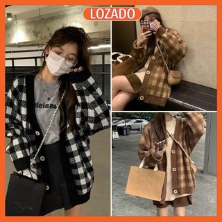 Áo khoác len nữ áo cardigan nữ LOZADO form rộng dáng dài kẻ caro đen trắng - A149