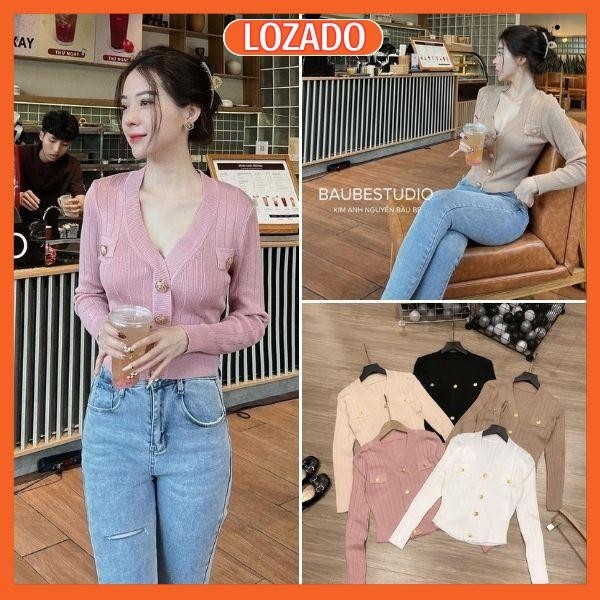 Áo len nữ LOZADO tay dài dáng cardigan dáng ngắn chất len mongtoghi cổ V phối cúc sang chảnh - A313
