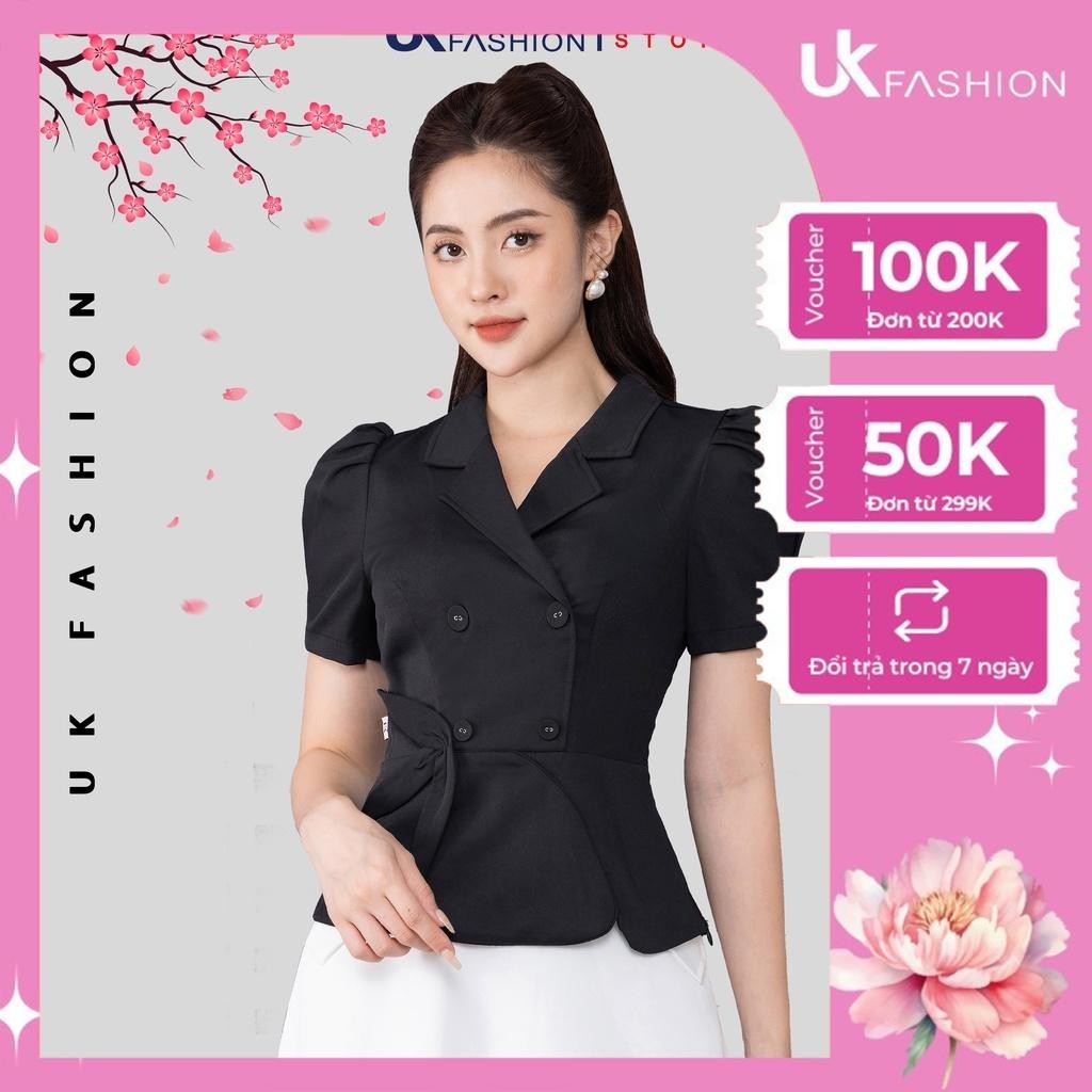 Áo Sơ Mi Nữ UK Fashion Thiết Kế Giao Cúc Cổ Vest Kết Hợp Tay Bồng Chiết Eo, Chất Liệu Nhập Hàn Cao Cấp NKSM2205003