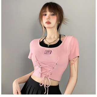 NZN Áo thun ngắn tay phong cách người yêu mùa hè dành cho nữ cinched eo dây buộc crop top