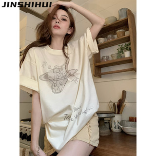 JINSHIHUI áo phông áo thun nữ croptop baby tee Phong cách Trendy Fashion Vintage WTX2430BMB 11Z240313