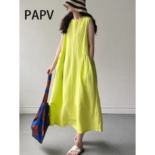 Papv Chic cổ tròn dáng rộng dài đến đầu gối bằng vải lanh Cotton không tay 1892