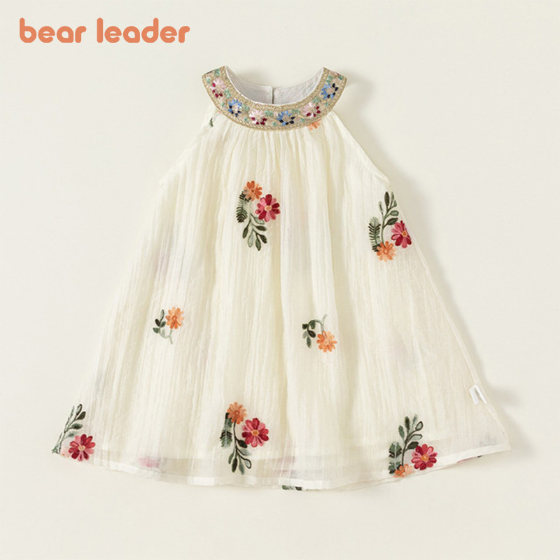 BEAR LEADER Gấu Lãnh Đạo Sequin Hoa Cổ Đầm Công Chúa Mùa Hè Hoa Thêu Bé Gái Quần Áo Cổ Tròn Không Tay Màu Trơn Trẻ Em Trang Phục