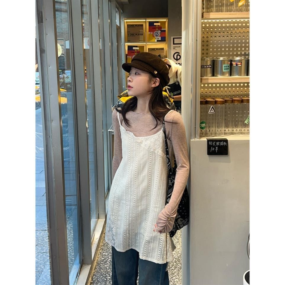 [Order] Áo Hai Dây Hàn Quốc GUEM Phối Ren Mặc Ngoài, Đầm Ren Dáng Xuông Mùa Xuân Hè Cho Nữ A127