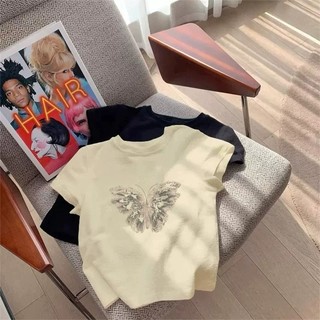 Sữa Mai Ngắn Tay Áo Thun Nữ In Phong Cách Mùa Hè Bướm In Hình Áo Sơ Mi Nhỏ Slim-Fit Vai Trước Áo Thun Dopamine