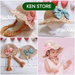 Nón mũ cói bím tóc giả phối nơ cho bé - loại đẹp (4m-6m) KEN STORE