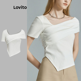 Áo thun Lovito xếp ly lệch vai màu trơn thanh lịch cho nữ L77ED207
