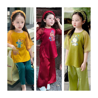 Set bộ quần áo bà ba, bộ đồ lam đi chùa Bạch Liên kèm bờm cho bé gái