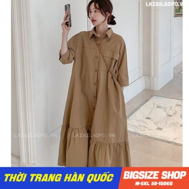 Váy đầm nữ Bigsize Đầm sơ mi dài qua gối dáng suông tay ngắn có cổ trơn mùa hè Phong cách Hàn Quốc Thời Trang đẹp