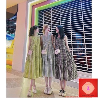 VÁY SỌC SÁT NÁCH BABYDOLL XOÈ FREESIZE HOẠ TIẾT CARO BẦU BÍ BON CHEN ĐƯỢC HOT