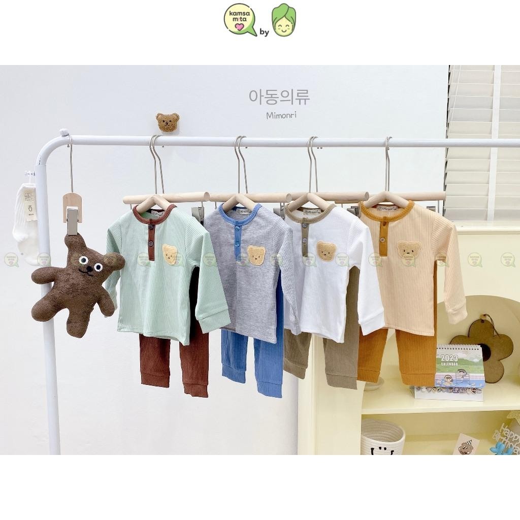 Bộ Quần Áo Cho Bé Gái, Bé Trai MIMONRI Vải Thun Gân Thêu Gấu Cúc Ngực, Đồ Bộ Cho Bé Mặc Thu Đông KWTD304