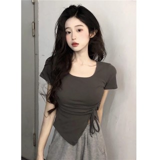 Suxi Thường Ngày Tối Giản Mới Slim Fit Cổ Tròn Tay Ngắn Nữ Phối Ren Không Đều Top 240223