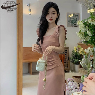 KAISIKE Váy treo màu hồng tay bay kiểu Pháp dành cho nữ mùa hè, váy dài giảm béo eo nhẹ nhàng và cao cấp