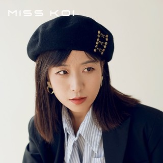Misskoi  Mũ Beret Len Màu Đen Phối Khóa Kim Loại Phong Cách Retro Anh Quốc Dễ Phối Đồ Thời Trang Thu Đông Dành Cho Nữ