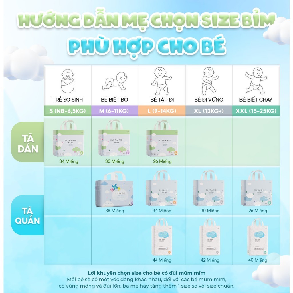 Tã/Bỉm ELPRAIRIE Mềm Mại Thoáng Mát, Siêu Thấm Hút Cho Bé Thoải Mái Vận Động, Bỉm Nội Địa Hàn Cao Cấp Đủ Size Từ 0-25KG