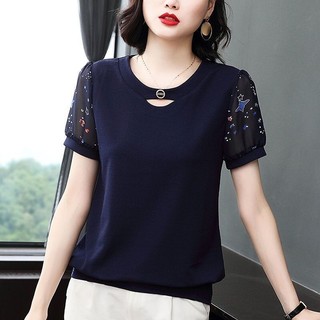 Khâu In Áo Thun Nữ Tay Ngắn Voan Size Lớn Áo Thun Cổ Tròn Hàn Quốc