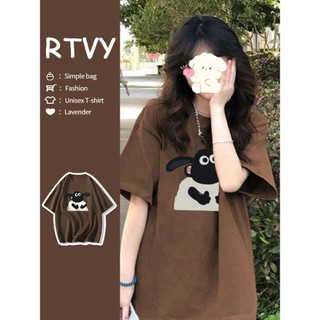 「RTVY」Mỹ Sang Trọng Màu Nâu Áo Thun Nữ Mùa Hè Oversize Cừu Shawn In Hình Cotton Nguyên Chất Rời Tay Ngắn Top