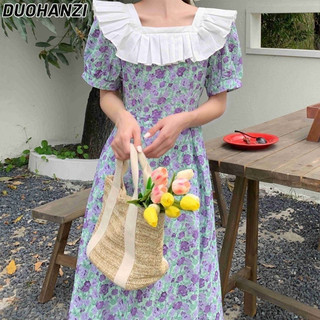 Duohanzi Tea break nhỏ tươi hoa váy bong bóng tay áo thể hiện thiết kế mỏng cảm giác tình yêu đầu tiên váy dài phong cách mùa hè