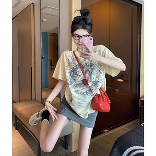 [Hàng có sẵn] Mùa hè 2024 Phong cách mới Cotton nguyên chất 200g Áo thun ngắn tay in hình phía trước và sau dành cho nữ