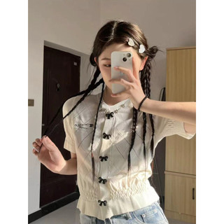 Balamy Đầu Xuân Phong Cách Mới Hàn Quốc Ngọt Ngào Trắng Nấm Cạnh Ngắn Tay Rỗng Áo Thun Nơ Dệt Kim Cardigan Top Nữ