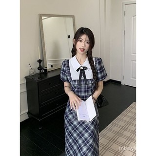 Màu Sắc Tương Phản Phong Cách Preppy Nơ Váy Dài Ôm Hơn Nhìn Kiểm Tra Phong Cách Mới Đầm Nữ Thiết Kế Cảm Giác Eo Nẹp Mùa Hè Khâu I