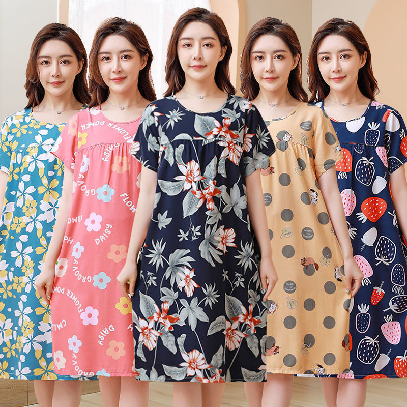 Bộ Đồ Ngủ Bằng Lụa Cotton Nữ Mùa Hè Trung Niên Người Cao Tuổi Ngắn Tay Váy Ngủ Nhân Tạo Cotton Đầm Giữa Chiều Dài