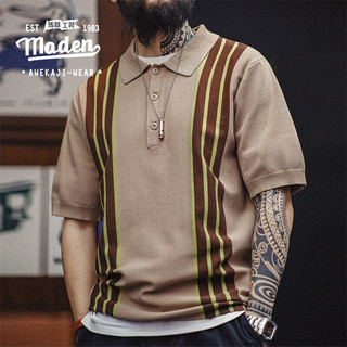Maden Workwear Men's Summer American Retro Knitted Polo Collar Bowling Ball Contrast Stripe Short Sleeve T-shirt Polo Shirt