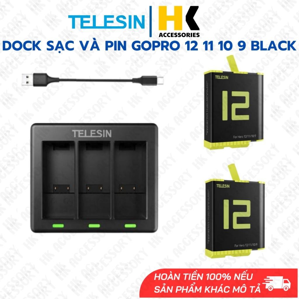 Pin Telesin Gopro 12 11 10 9 Black và Dock sạc 3 pin có đèn báo -