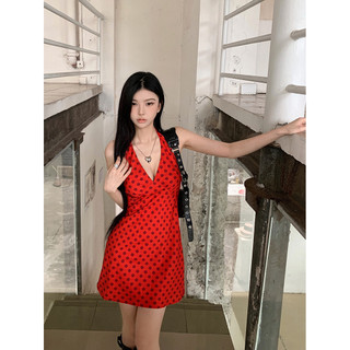 Váy chấm bi màu đỏ sang trọng T Váy dây gợi cảm cổ chữ V