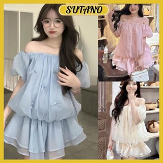 [TẶNG KÈM QUẦN] áo trễ vai voan tơ quả bí đính nơ bồng bềnh tiểu thư bánh bèo 2 lớp V738 SUTANO