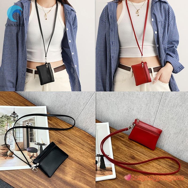Canamek Màu Trơn Đôi Dây Kéo PU Mềm Treo Cổ Tiền Xu Ví Nữ Thay Đổi Nhỏ Túi Mềm Mini Thẻ Đựng Tiền Mặ