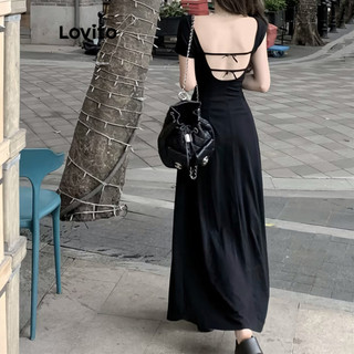 Đầm Lovito hở lưng phối nơ màu trơn phong cách thường ngày cho nữ LNE70495