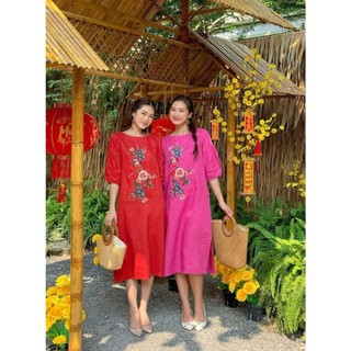 Đầm Suông Dáng Dài VẢI LINEN TƯNG PREMIUM - Thêu Hoa - Roxy Linen Wear - D9770
