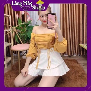 (Xả kho Sale Sập Sàn) Áo trễ vai nhún rút eo tay dài chất phi lụa có 8 màu (nâu min.vàng.đỏ đô.ruốc.đen.da, Trắng)