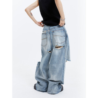 Jamaisvu Quần Jean Rách Rách Rách Quần Jean ins Niche Retro High Street Lau Quần