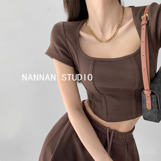 Phong Cách Mỹ Sang Trọng Retro Nữ Ngược Vuông Cổ Cao Cấp PPMR7213 Phong Cách Ngắn Rốn Tay Ngắn Xương Cá Áo Thun Slim fit Hợp Thời Trang Top Slimer Look MV6B